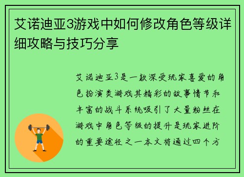 艾诺迪亚3游戏中如何修改角色等级详细攻略与技巧分享